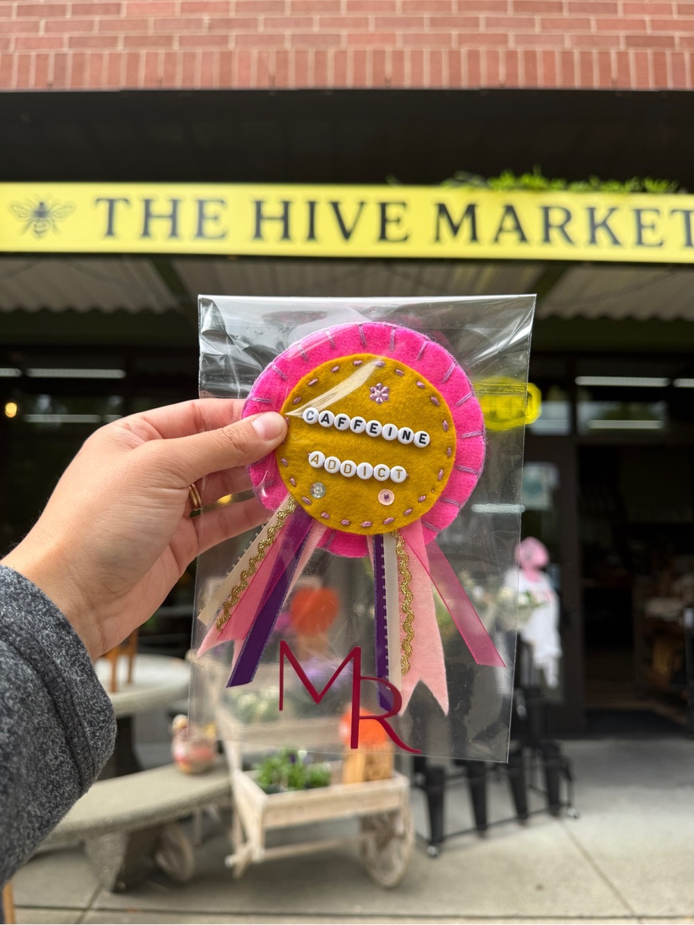 Handmade Pink & Yellow 'Caffeine Addict' Ribbon Badge